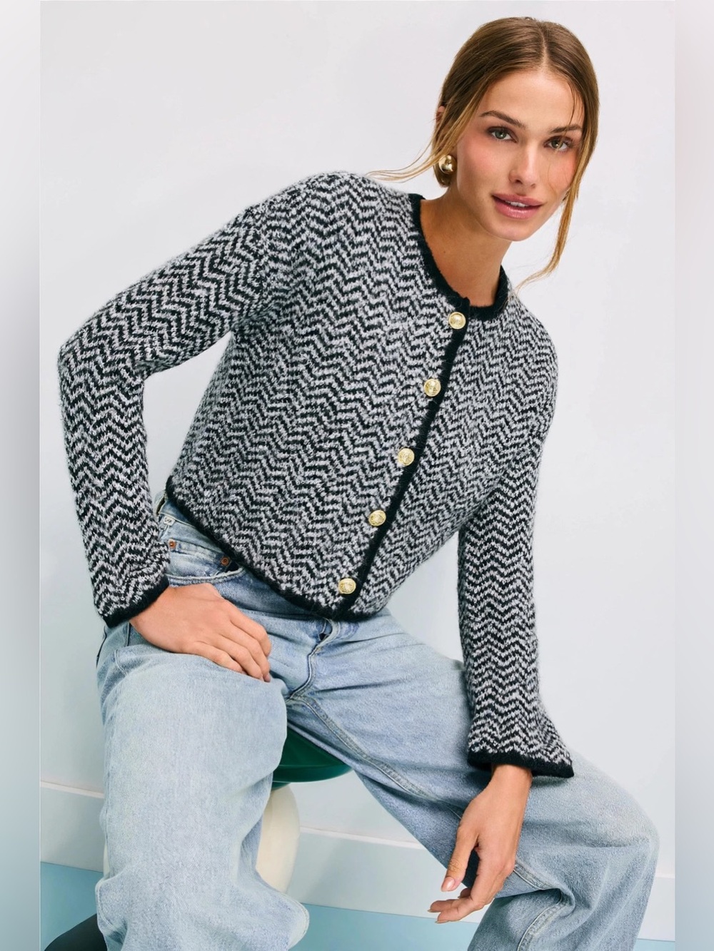 Derek Lam 10 Crosby Sabine Herringbone Cardigan Black & White Zigzag size XS